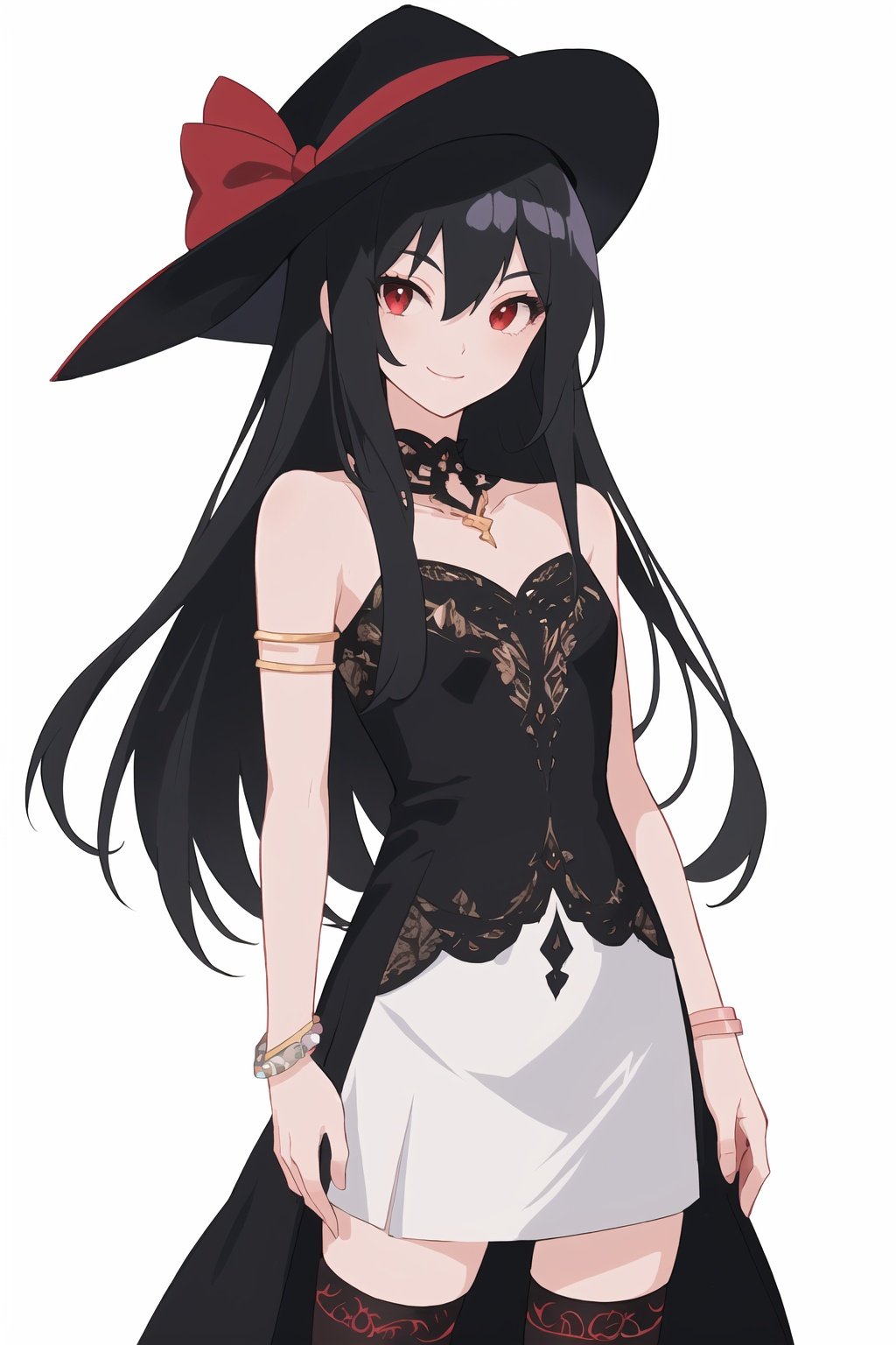 (cowboy_shot:1.2),absurdres,(1 girl),(solo),(shiny skin:1.1),illustration,disheveled hair,(beautiful detailed face),(beautiful detailed hair),(beautiful detailed eyes),whole body,right human structure,black hair,long hair,red eyes,(black legwear:1.2),(white_background:1.3),(vampire:1.3),hat bow,smile,(evening_gown:1.2),(tsurime:1.4),(bracelet:1.3),