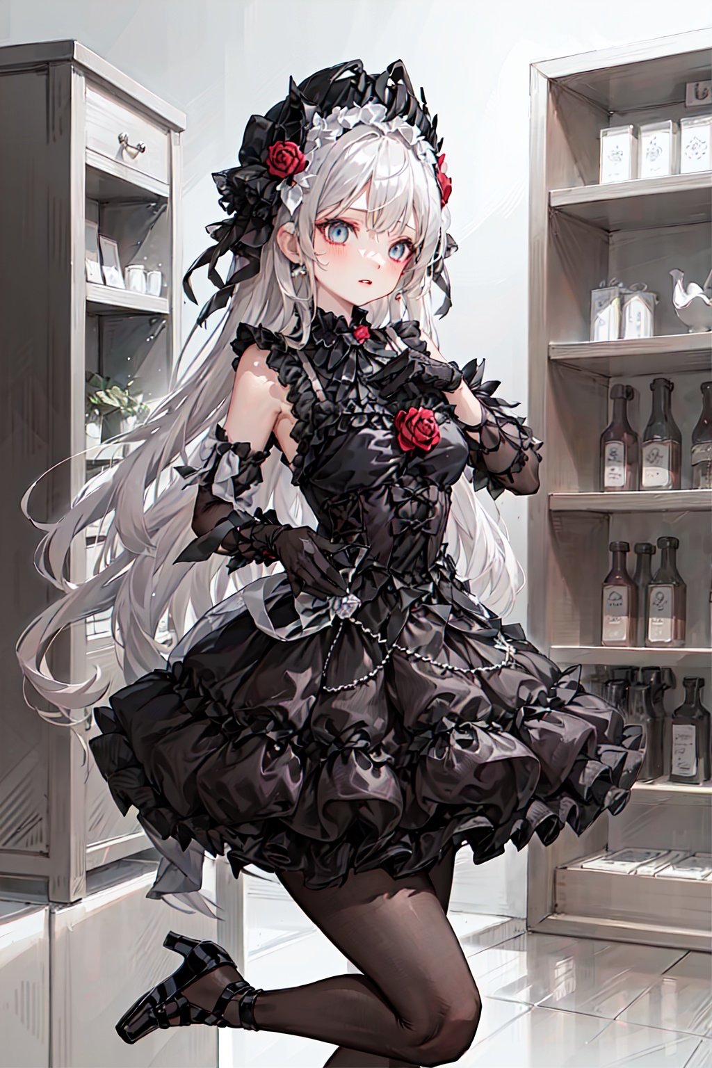 best quality,masterpiece,highest quallity,ultra detailed,1girl,noble lolita,evening_gown,dress,((black dress)),jewelry,roses,black lolita,<lora:洛丽塔裙子-000005:0.7>,solo,dress,gloves,jewelry,pantyhose,earrings,black dress,blonde hair,flower,lace gloves,high heels,black footwear,hair ornament,rose,blue eyes,black gloves,feathers,standing,blurry,long hair,lolita fashion,fishnets,red flower,gothic,standing on one leg,bare shoulders,lips,parted lips,frills,blurry background,