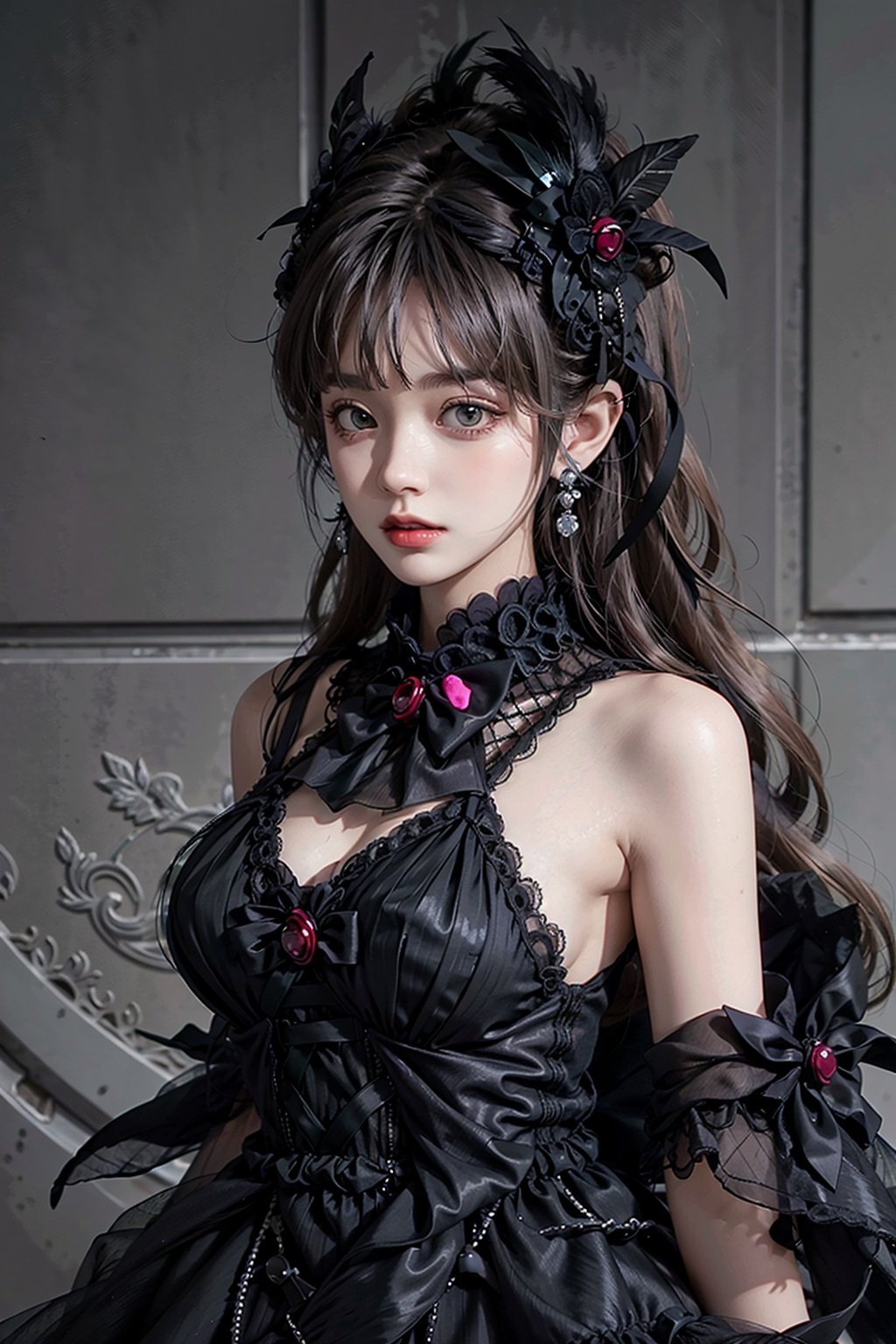 1girl,solo,hair ornament,jewelry,long hair,earrings,highres,hair ribbon,breasts,shiny skin,(whole body:1.2),<lora:llt-000004:0.6>,feathers,(black dress),