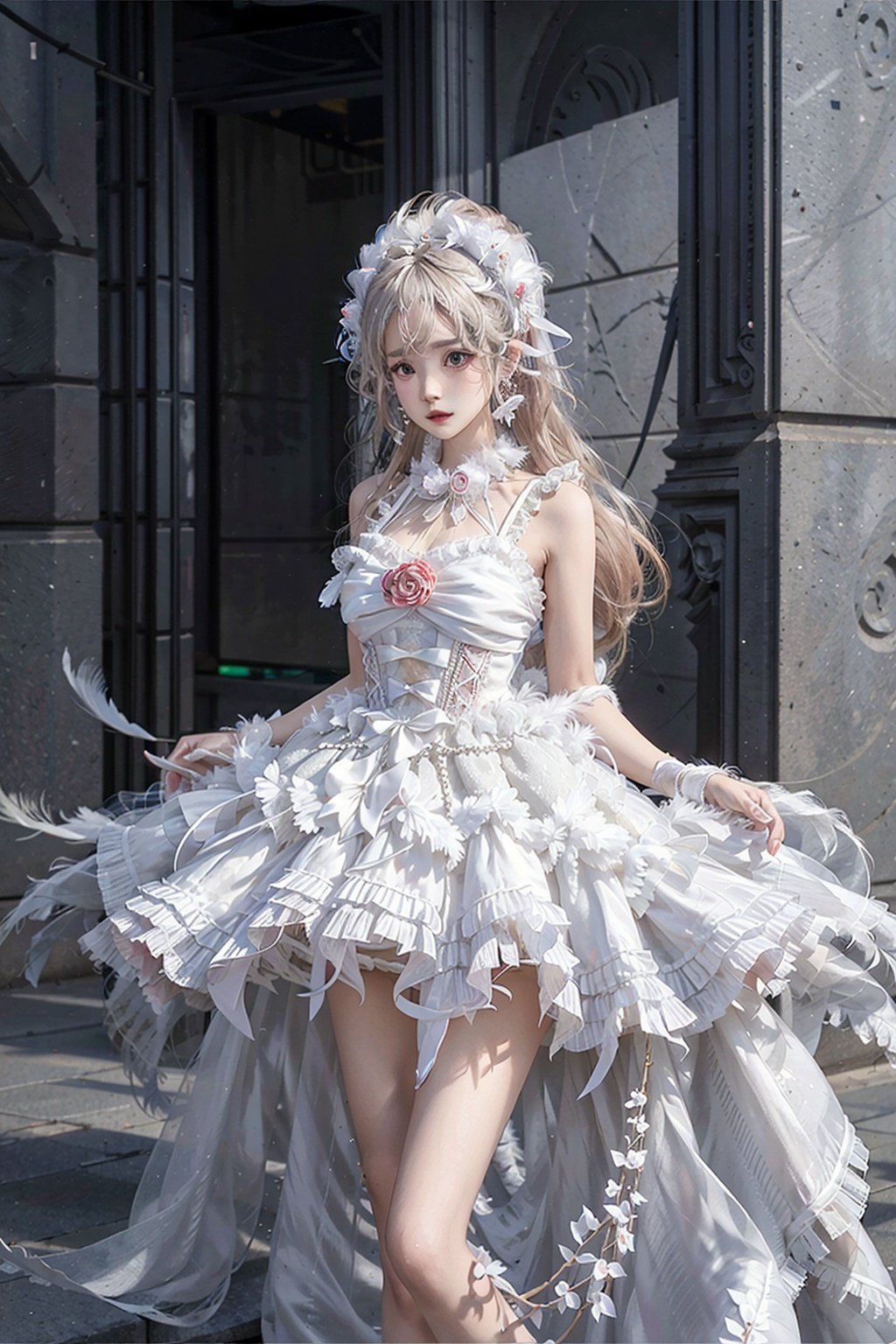 1girl,solo,hair ornament,jewelry,long hair,earrings,highres,hair ribbon,breasts,shiny skin,(whole body:1.2),<lora:llt-000005:0.7>,feathers,white dress,