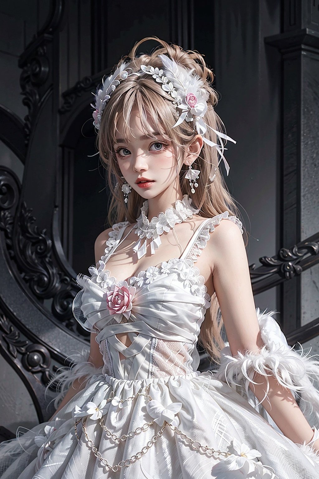 1girl,solo,hair ornament,jewelry,long hair,earrings,highres,hair ribbon,breasts,shiny skin,(whole body:1.2),<lora:llt-000004:0.6>,feathers,(white dress),