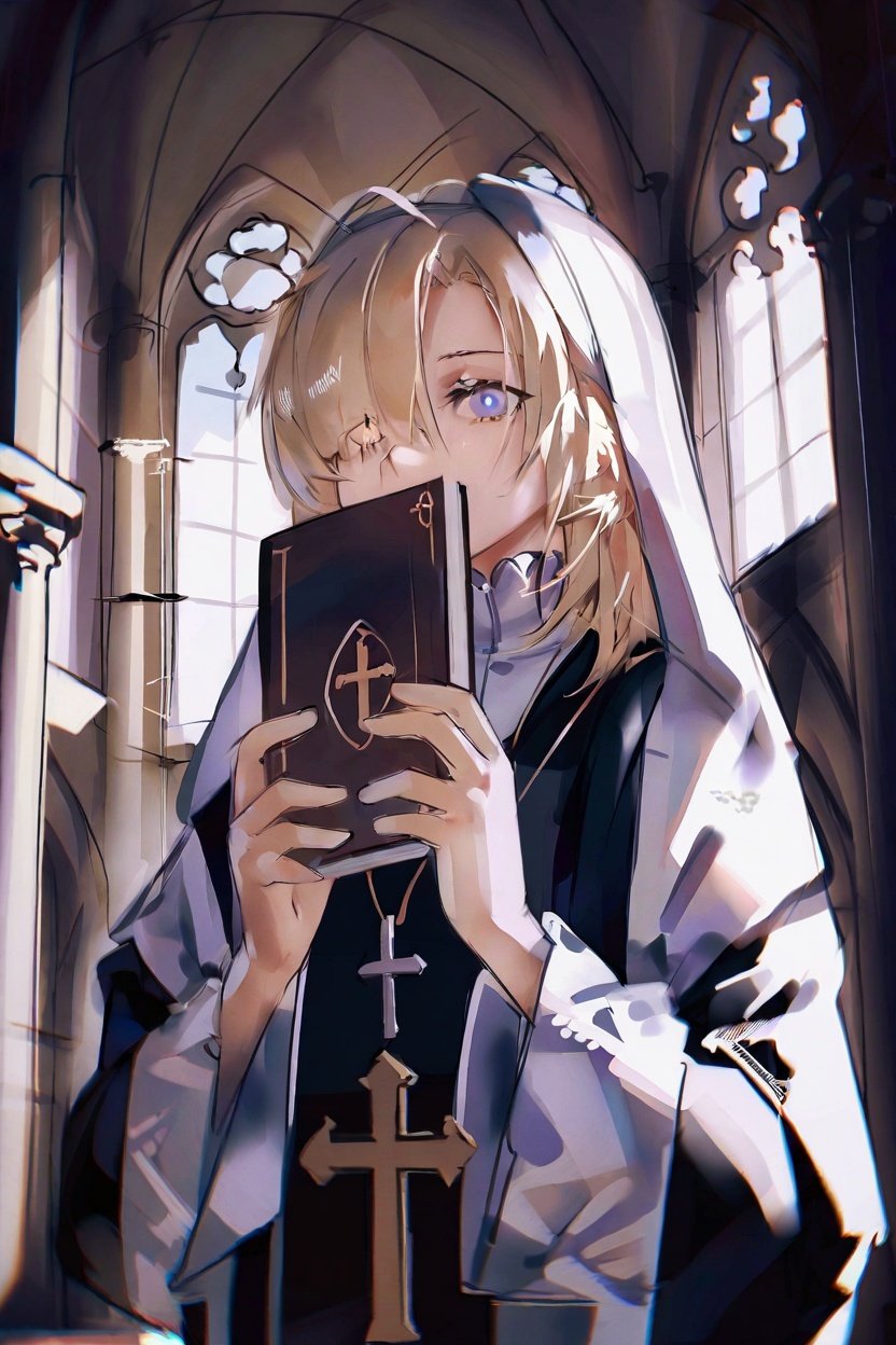 by suzukasuraimu, best quality, masterpiece, detailed, aesthetic, pseudo impasto, blonde hair, church, 1girl, holding, nun, hair over one eye, book, indoors, cross, jewelry, holding book, necklace, medium hair, robe