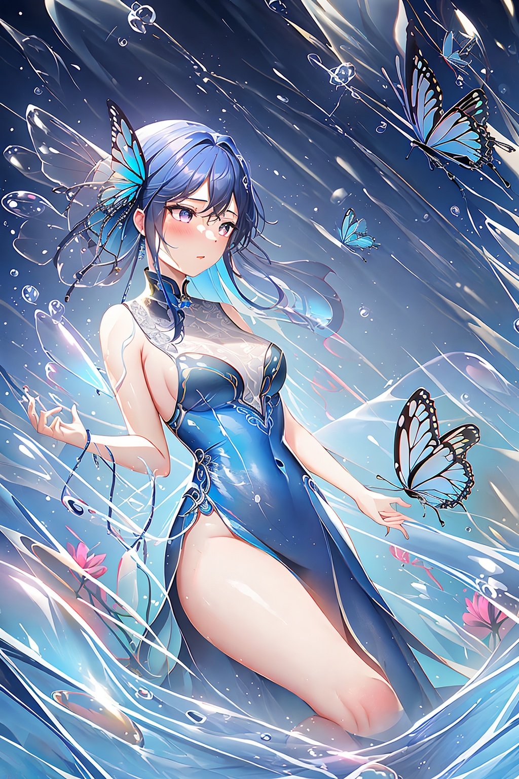 masterpiece,best quality,guochao\(style\),1girl, Butterfly, bug, blue butterfly, flower, blue flower, no person, still life, blur, water drop, white flower, depth of field, flicker, liquid, glass, water, flash, chain, light particle <lora:guochao-000006:0.7>,