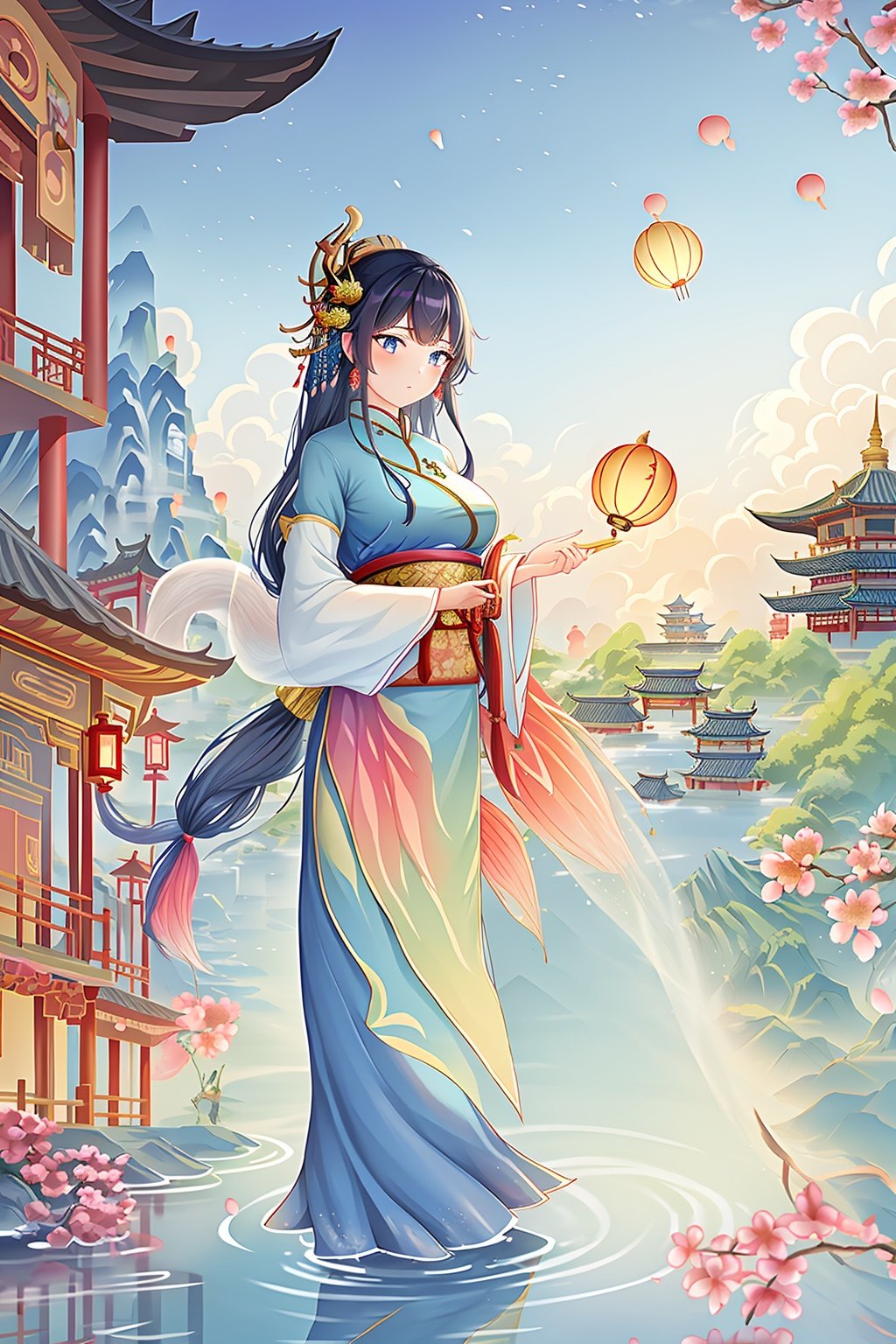 masterpiece,best quality,guochao\(style\), 1girl, east asian architecture, architecture, long hair, lantern, petals, water, sky, paper lantern, cherry blossoms, black hair, very long hair, tree, cloud, outdoors, flower, bridge, blue eyes, solo, building, fish, long sleeves, oversized animal, day, animal, ripples, shawl, dragon, sash, scenery, eastern dragon, pagoda, blue sky, standing, reflection, wide sleeves, hair ornament, floating hair, dress <lora:guochao-000006:0.7>,