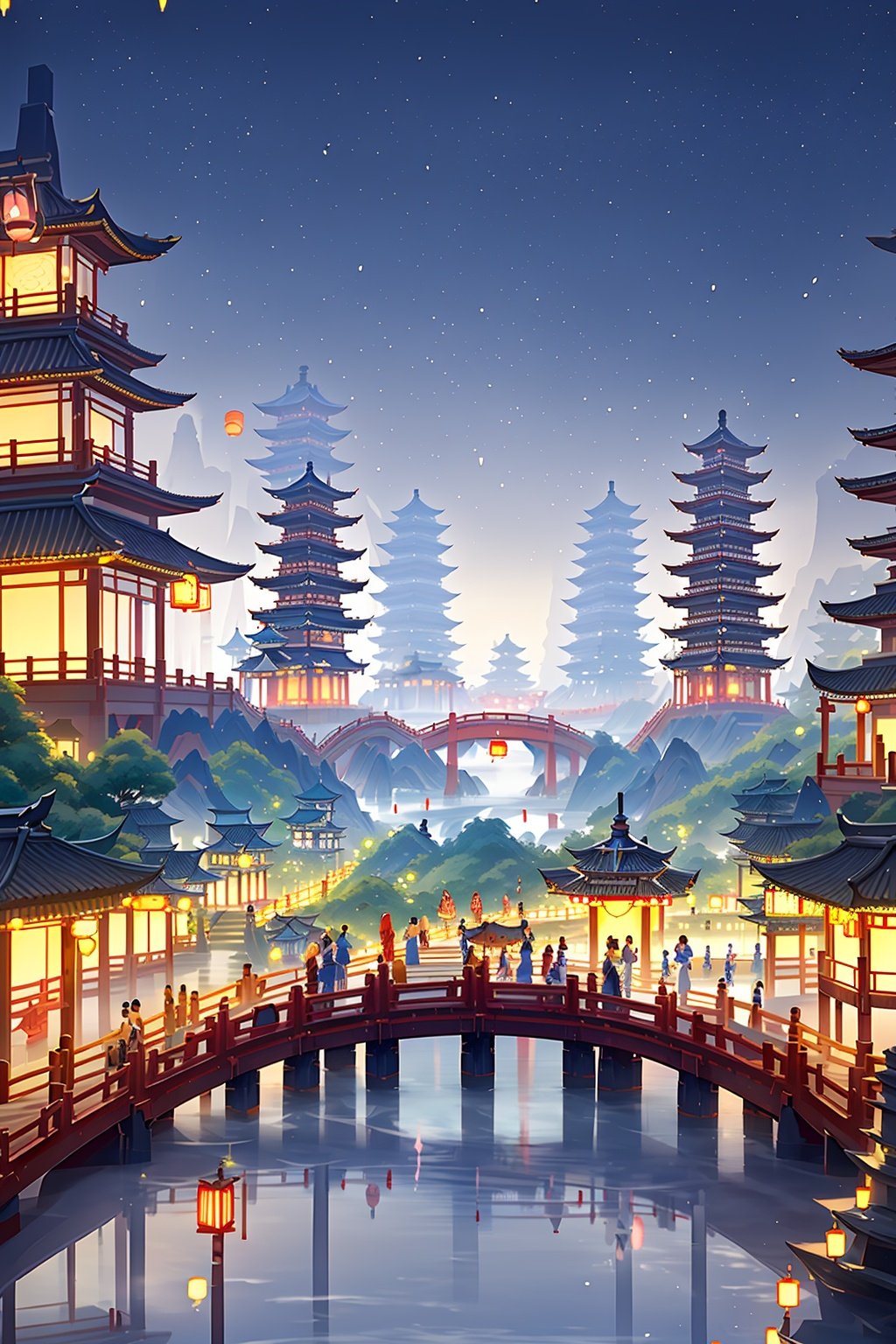 masterpiece,best quality,guochao\(style\), east asian architecture, architecture, lantern, night, scenery, tree, sky, water, paper lantern, multiple girls, japanese clothes, building, night sky, hat, outdoors, multiple boys, blonde hair, star \(sky\), pagoda, reflection, bridge, long hair, standing <lora:guochao-000006:0.7>,