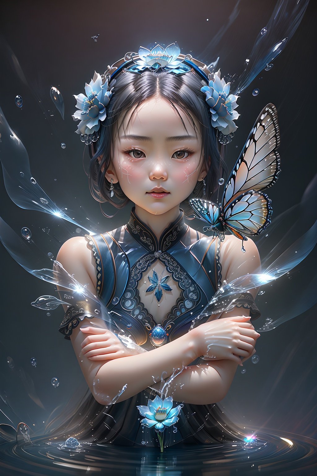 masterpiece,best quality,guochao\(style\),(1girl:1.6),Butterfly,bug,blue butterfly,flower,blue flower,no person,still life,blur,water drop,white flower,depth of field,flicker,liquid,glass,water,flash,chain,light particle,C4D,OC,<lora:guochao-000006:0.7>,three-dimensional,stereoscopic effect,