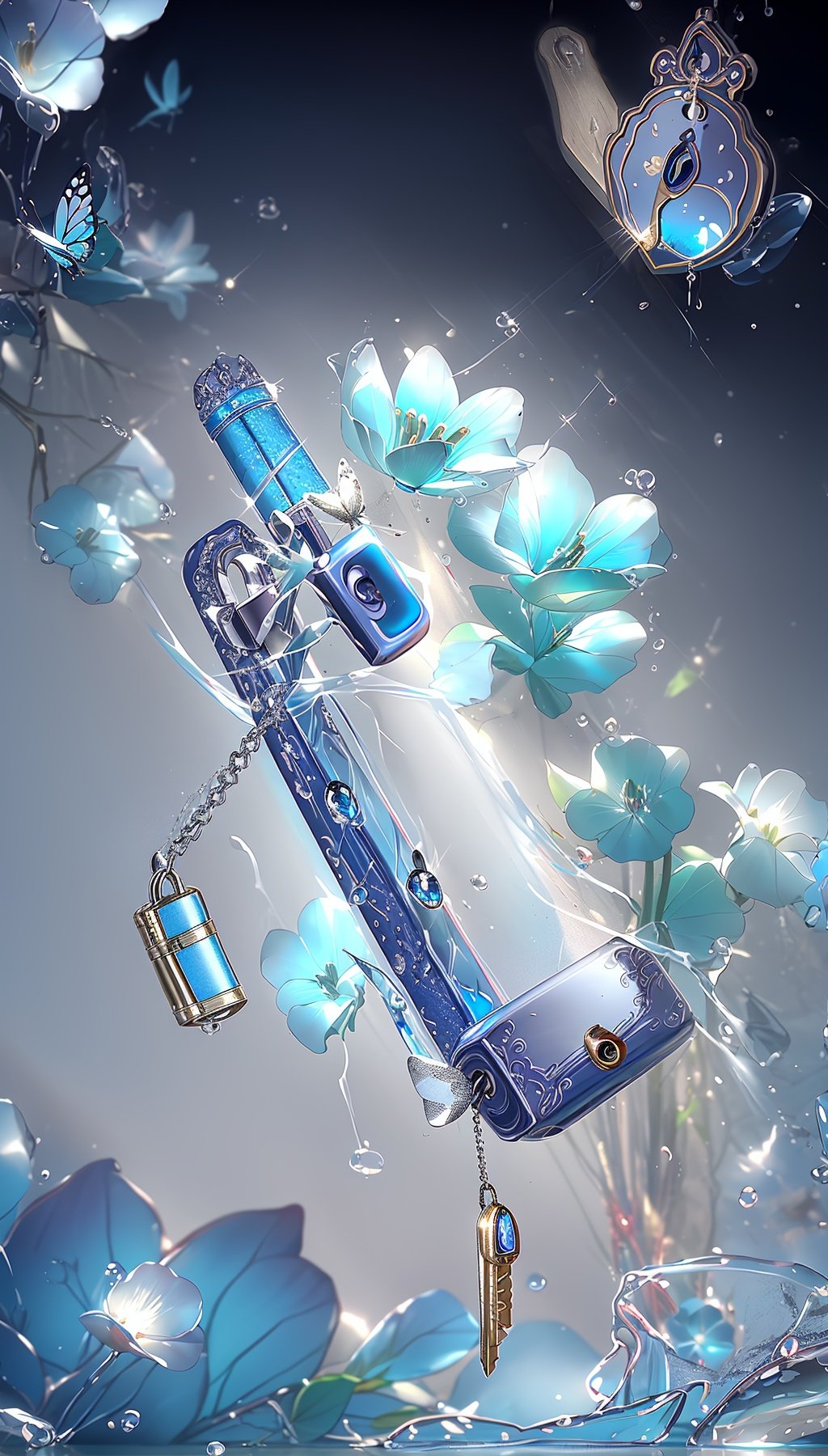 masterpiece,best quality,guochao\(style\),(lock:1.5),butterfly,bug,blue butterfly,flower,blue flower,no humans,still life,blurry,water drop,white flower,depth of field,glint,bottle,liquid,glass,water,sparkle,chain,light particles <lora:guochao-000006:0.7>,