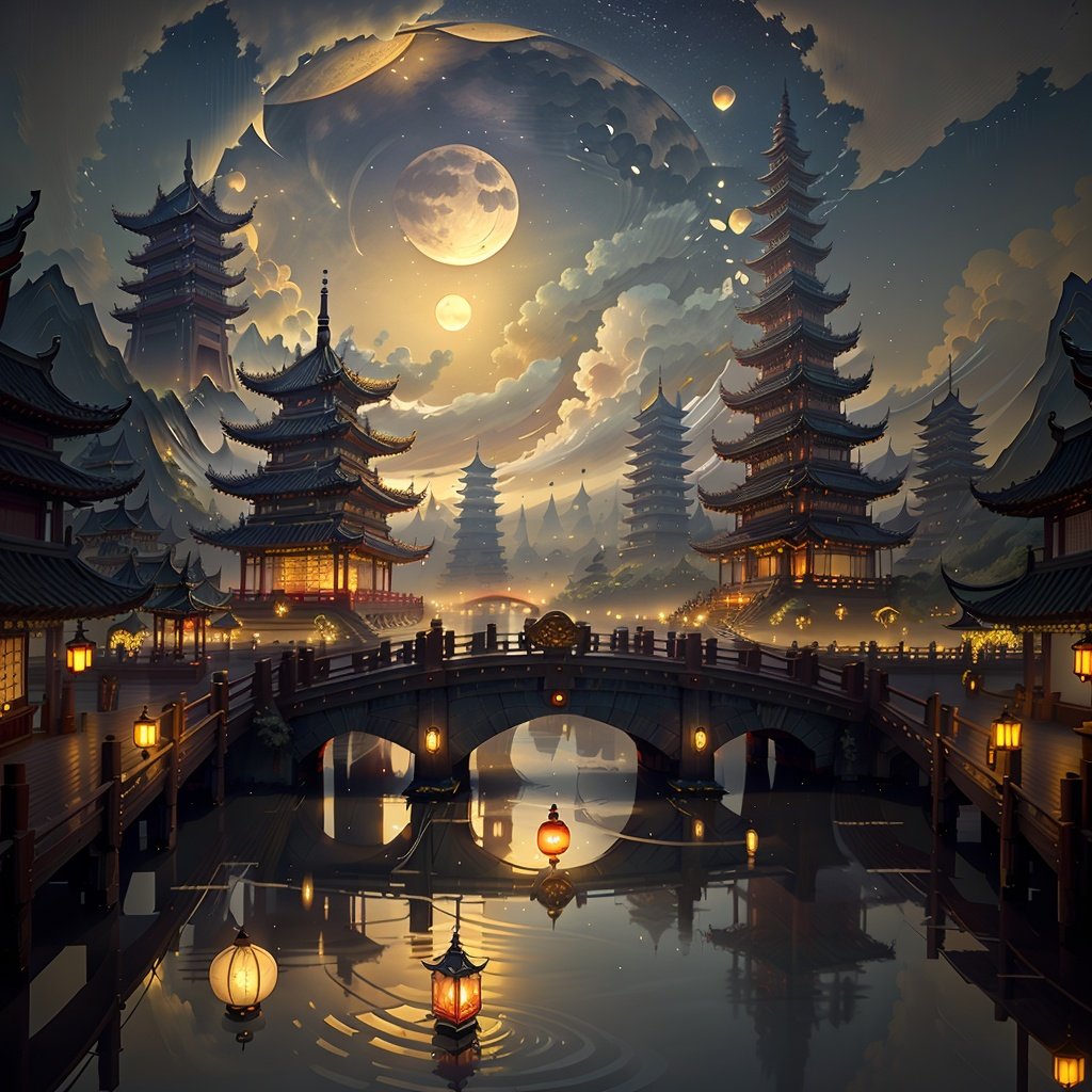 masterpiece, best quality,guochao\(style\), moon, architecture, scenery, east asian architecture, sky, cloud, night, reflection, lantern, full moon, no humans, water, outdoors, paper lantern, bridge, night sky, building, reflective water, cloudy sky, pagoda, <lora:guochao-000006:0.6>