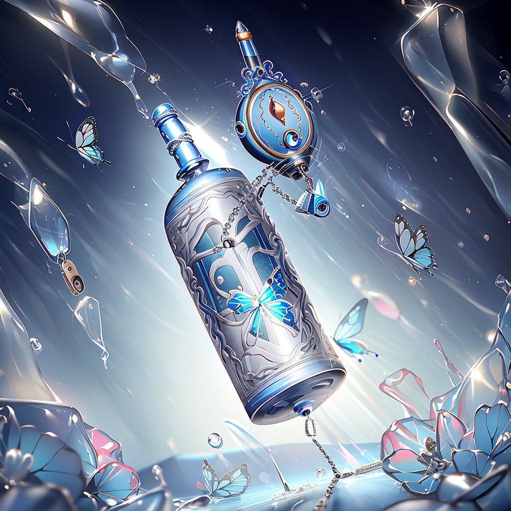 masterpiece,best quality,guochao\(style\),(lock:1.5),butterfly,bug,blue butterfly,flower,blue flower,no humans,still life,blurry,water drop,white flower,depth of field,glint,bottle,liquid,glass,water,sparkle,chain,light particles <lora:guochao-000006:0.7>,