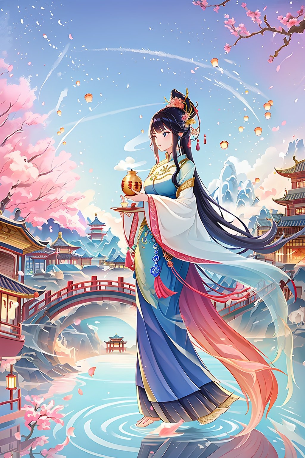 masterpiece,best quality,guochao\(style\), 1girl, east asian architecture, architecture, long hair, lantern, petals, water, sky, paper lantern, cherry blossoms, black hair, very long hair, tree, cloud, outdoors, flower, bridge, blue eyes, solo, building, fish, long sleeves, oversized animal, day, animal, ripples, shawl, dragon, sash, scenery, eastern dragon, pagoda, blue sky, standing, reflection, wide sleeves, hair ornament, floating hair, dress <lora:guochao-000006:0.7>,