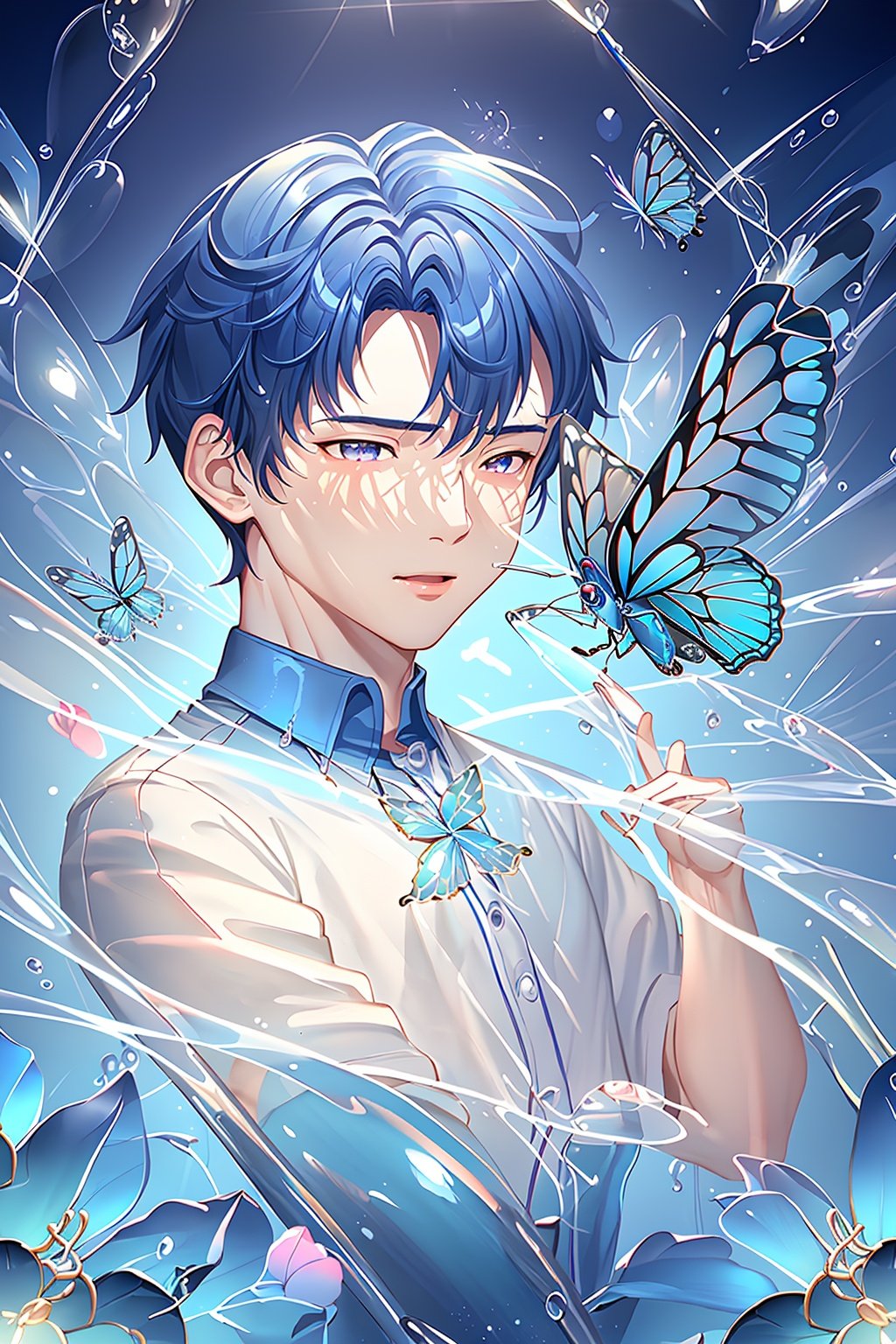 masterpiece,best quality,guochao\(style\),(1boy:1.3),Butterfly,bug,blue butterfly,flower,blue flower,no person,still life,blur,water drop,white flower,depth of field,flicker,liquid,glass,water,flash,chain,light particle,C4D,OC,<lora:guochao-000006:0.7>,three-dimensional,stereoscopic effect,