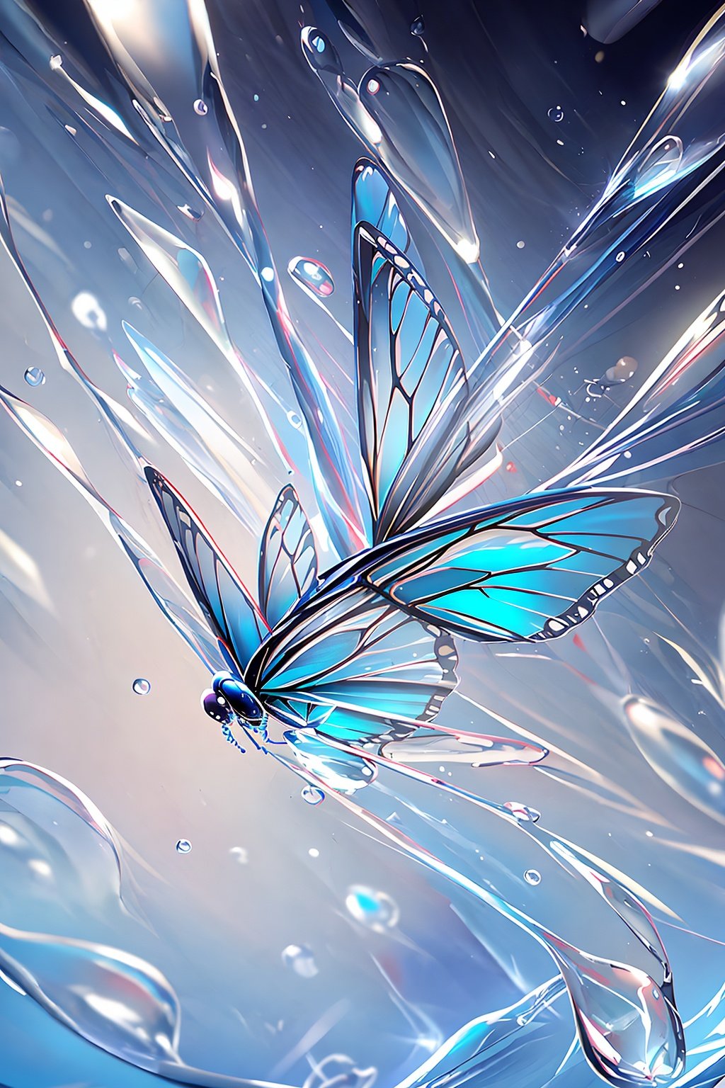 masterpiece,best quality,guochao\(style\), Butterfly, bug, blue butterfly, flower, blue flower, no person, still life, blur, water drop, white flower, depth of field, flicker, liquid, glass, water, flash, chain, light particle <lora:guochao-000006:0.7>,