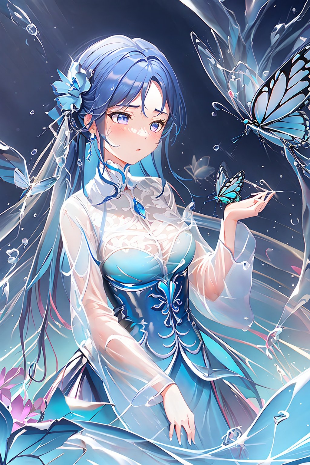 masterpiece,best quality,guochao\(style\),1girl, Butterfly, bug, blue butterfly, flower, blue flower, no person, still life, blur, water drop, white flower, depth of field, flicker, liquid, glass, water, flash, chain, light particle,C4D,OC, <lora:guochao-000006:0.7>,