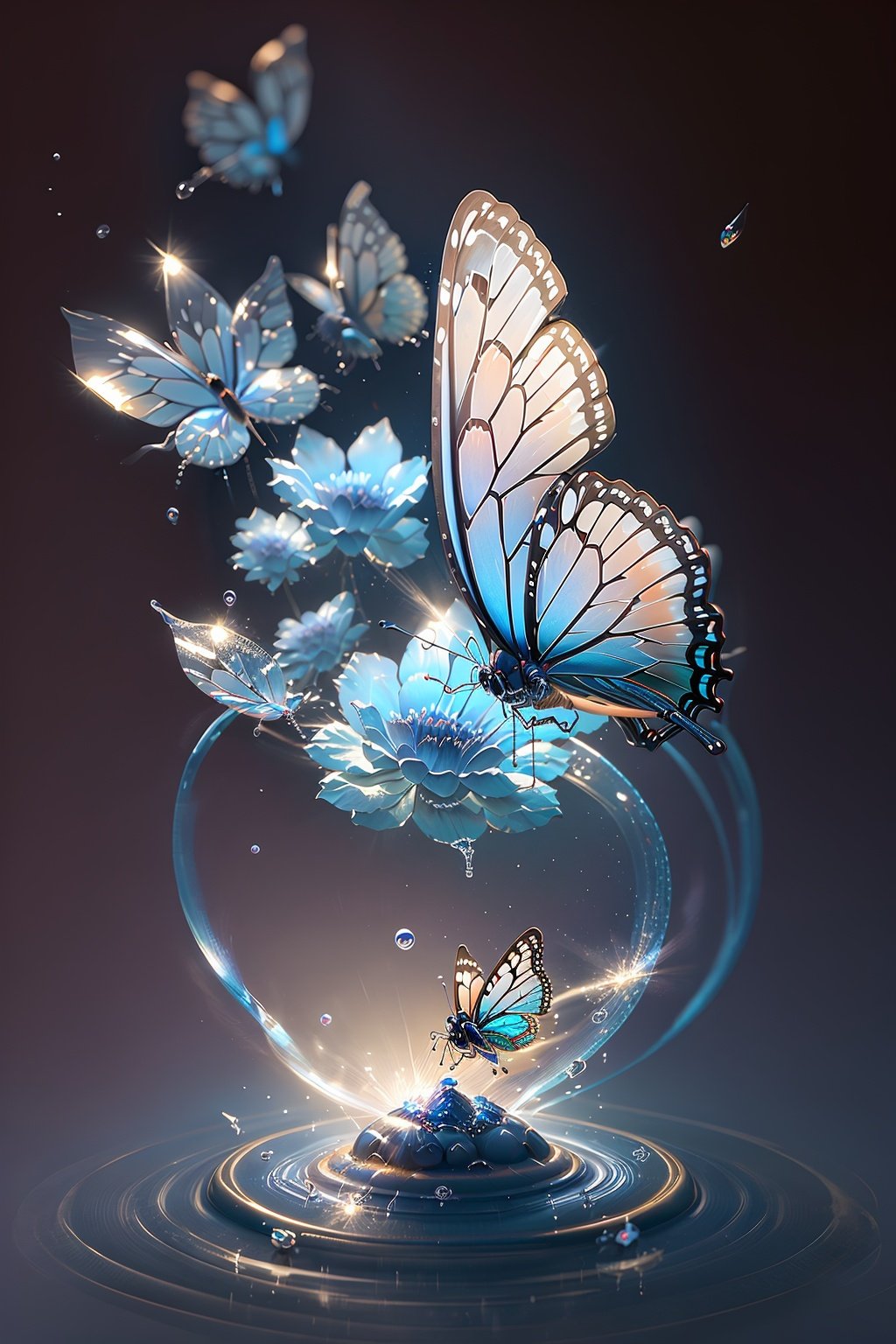 masterpiece,best quality,guochao\(style\),1girl,Butterfly,bug,blue butterfly,flower,blue flower,no person,still life,blur,water drop,white flower,depth of field,flicker,liquid,glass,water,flash,chain,light particle,C4D,OC,<lora:guochao-000006:0.7>,three-dimensional,stereoscopic effect,