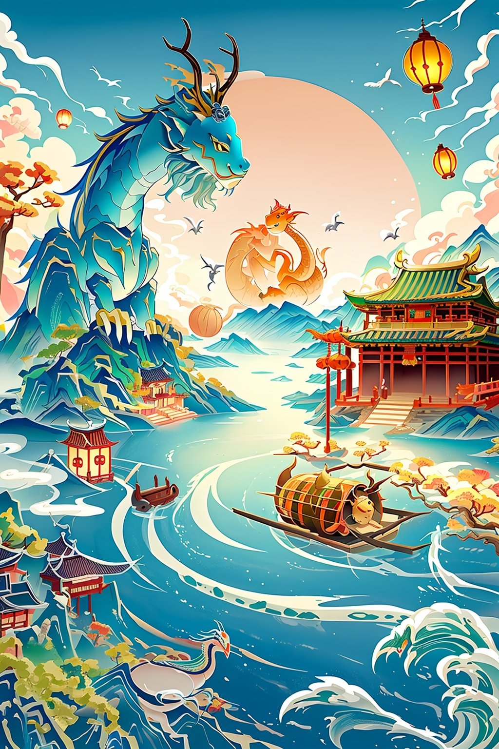 masterpiece,best quality,guochao\(style\), mountain, water, eastern dragon, flower, bird, east asian architecture, cloud, dragon, architecture, sun, boat, horns, fish, watercraft, no humans, animal, outdoors, waves, sky, scenery, holding, tree, lantern, tail, ocean <lora:guochao-000006:0.7>,