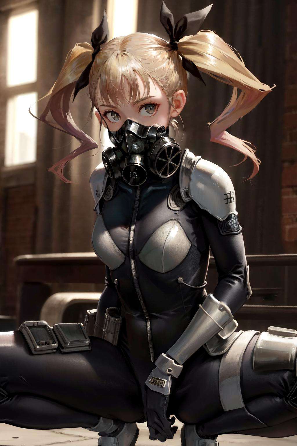 masterpiece, best quality, highres, 1girl twintails hair ribbon, bodysuit <lora:kikoru_shinomiya:1> squatting, spread legs, gas mask, looking at viewer