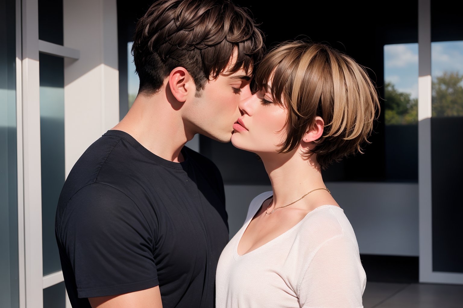 realistic , 1girl short hair ,1boy ,Standing Kiss