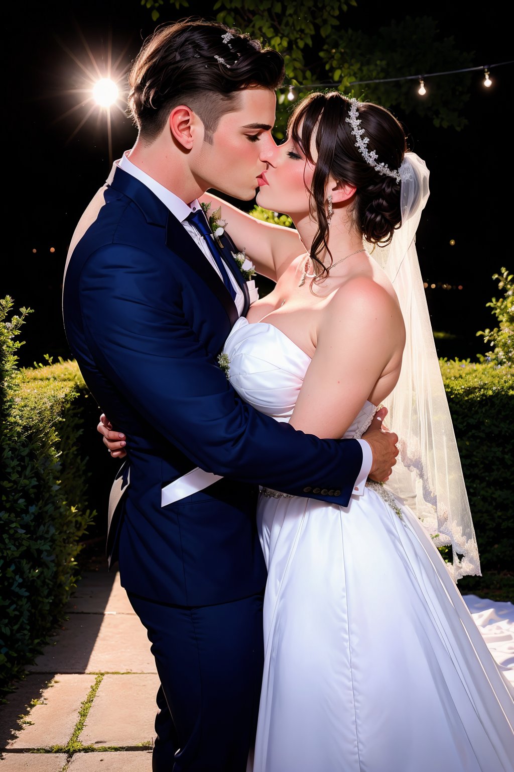 realistic , 1girl beautiful bride,1boy handsome groom ,Standing Kiss , wedding