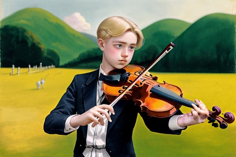 man 18  years old blonde  
 in 1911 fashion playing the violin