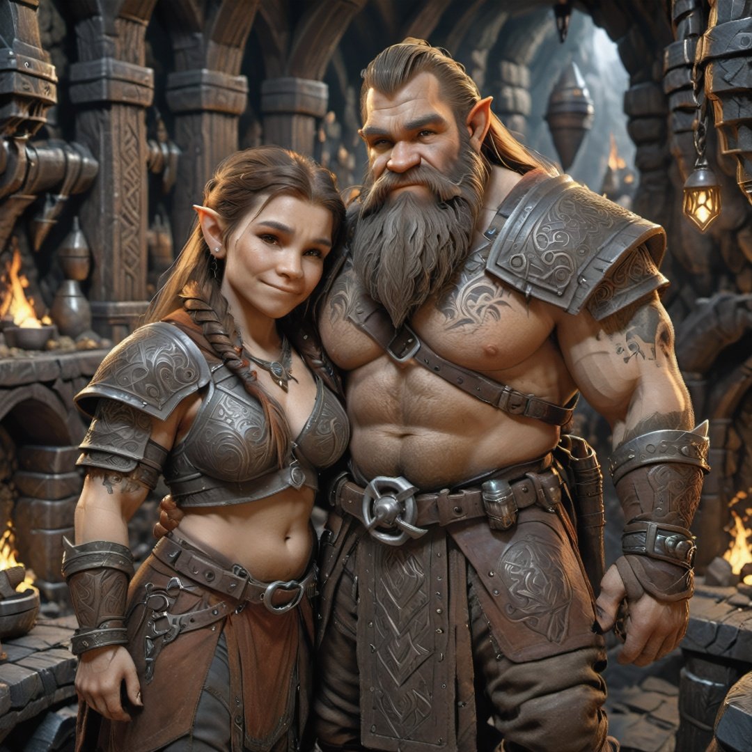 ripped young Dwarf man holding young dwarf woman, dwarven tattoos, clothes, depth_of_field, 8k, complex_background, short, blacksmith, detailed_face, Hair_hazel