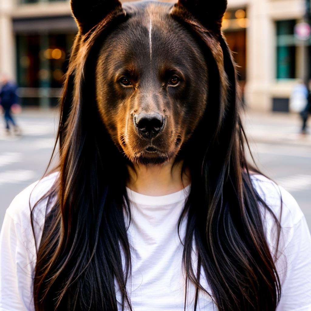 a woman with long black hair <lora:bear_300steps:2.3>, 8k, 4k,  in street, headshot, white shirt