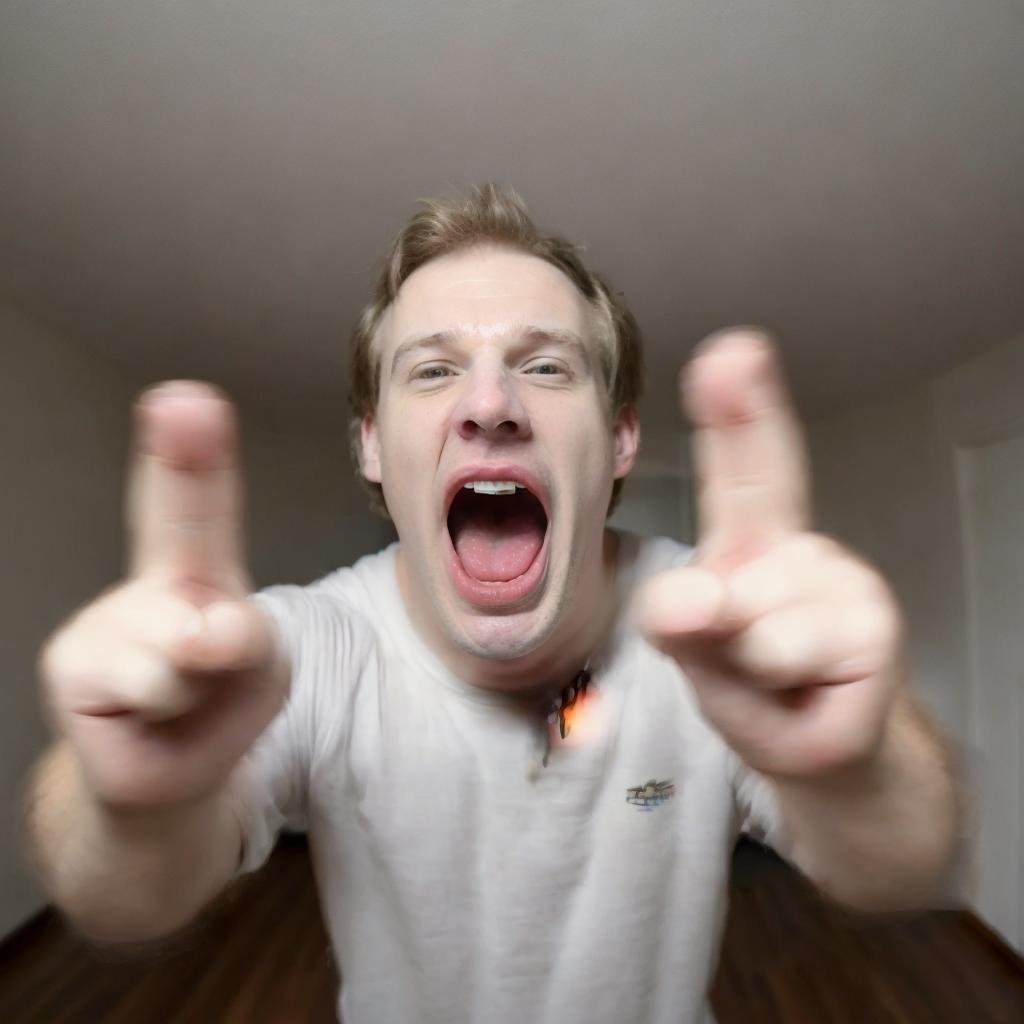 an white man screaming, showing his hands to the camera, pov hands <lora:finger_count_v10:-7.5>, in a room