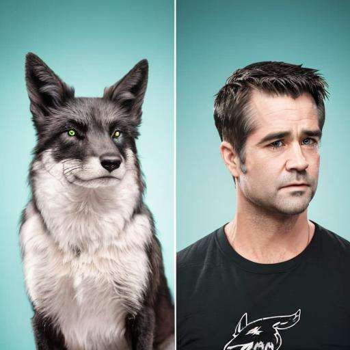 comparison, looking aside,  lolp, colin farrell in black shirt, black fox, simple green background, 8k, 4k, detailed <lora:like_owner_like_pets-000045:1> 