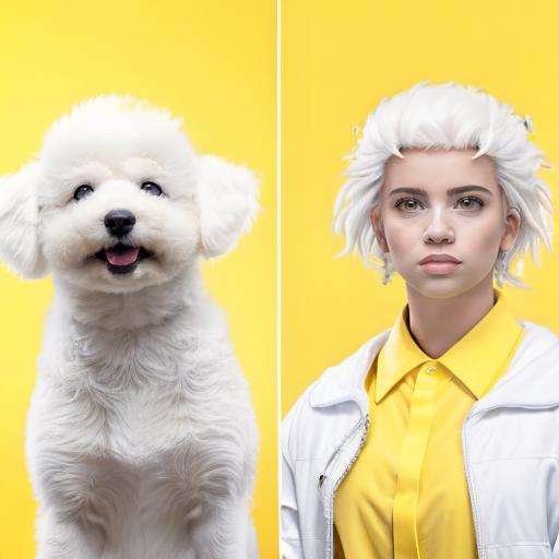 lolp, b1ll1331ll1sh in white dress white hair, dog, yellow background, 8k, 4k, detailed <lora:like_owner_like_pets-000045:1>