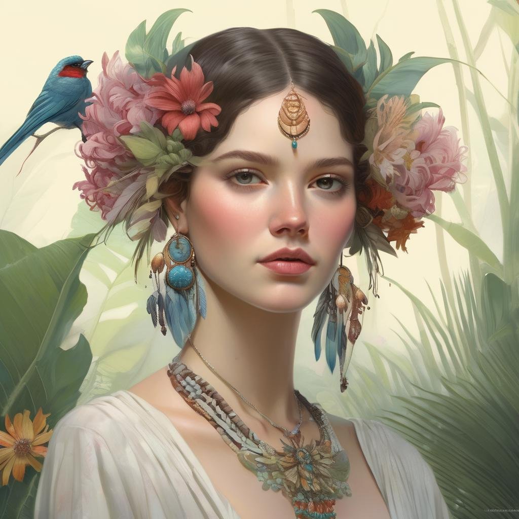 beautiful woman wearing fantastic hand-dyed cotton clothes, embellished beaded feather decorative fringe knots, colorful pigtail , subtropical flowers and plants, symmetrical face, intricate, elegant, highly detailed, 8k, digital painting,trending on pinterest, harper’s bazaar, concept, art, sharp focus, illustration, Tom Bagshaw, Lawrence Alma-Tadema, Alphonse Mucha