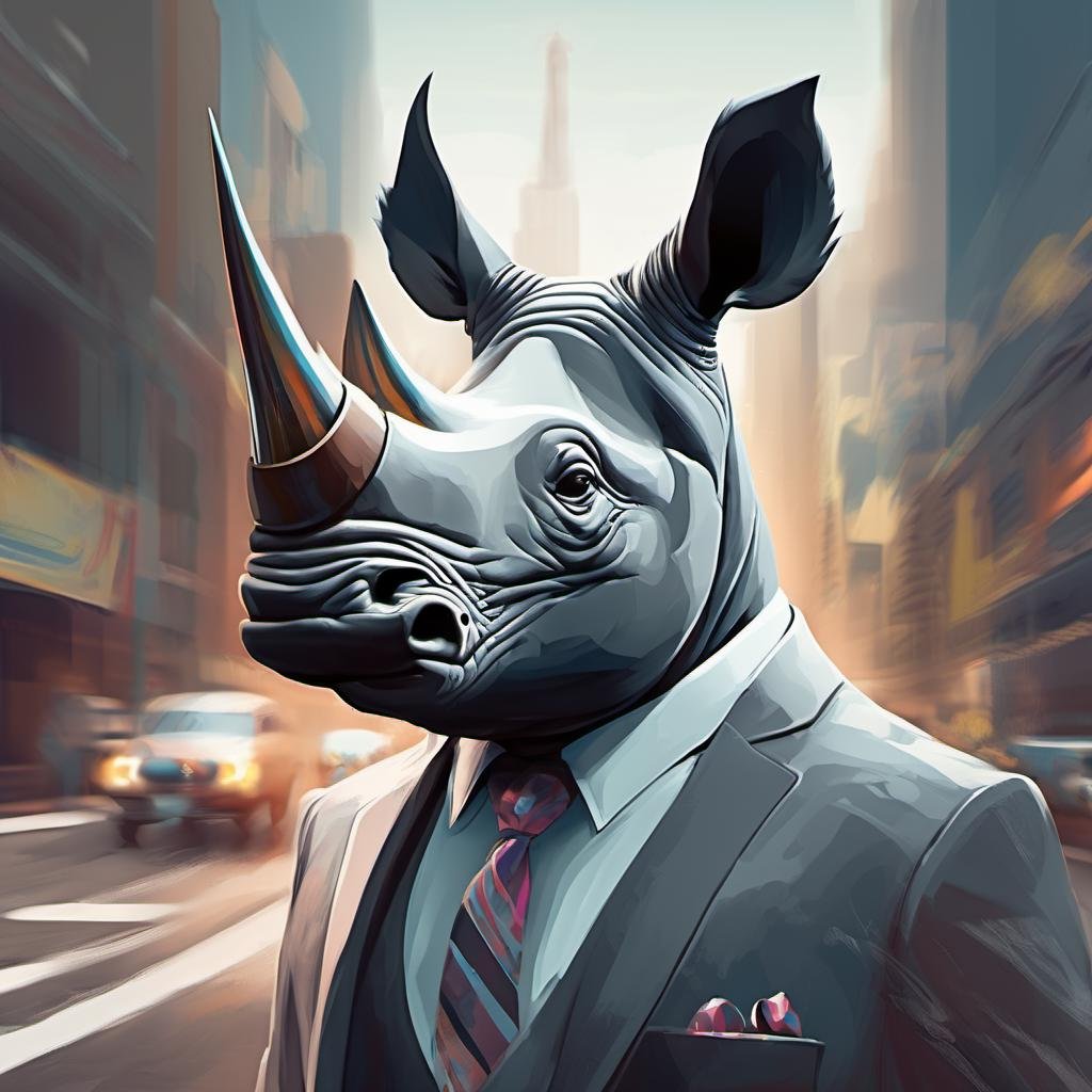 a rhino dressed suit and tie , headshot, in the street, sk_digitalart , looking at viewer