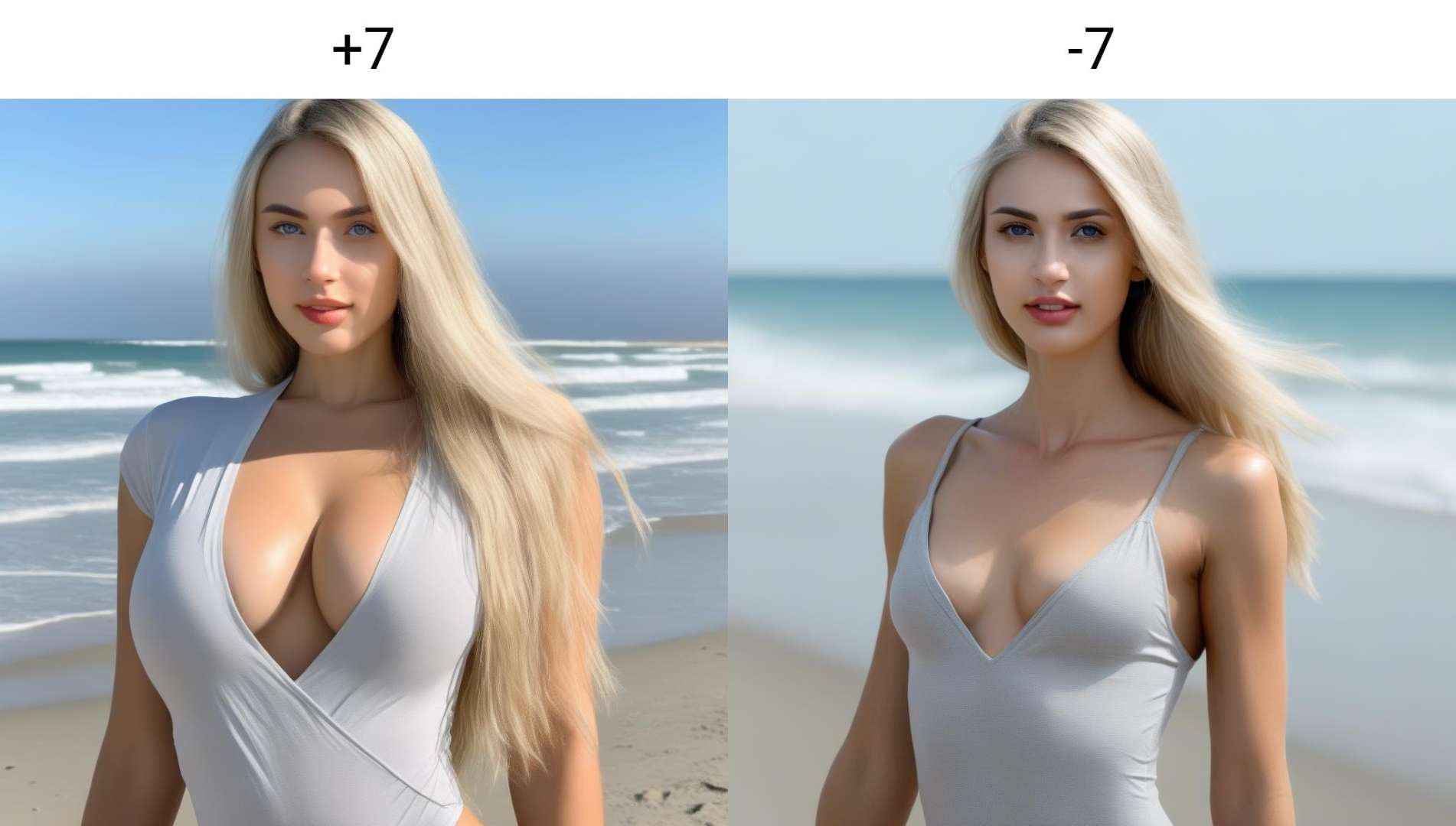 ziprealism, upper body, white woman, long blonde hair, grey bodysuit, looking at viewer, beach, looking at viewer, front photo<lora:breasts_slider_v2_000000035:+7>