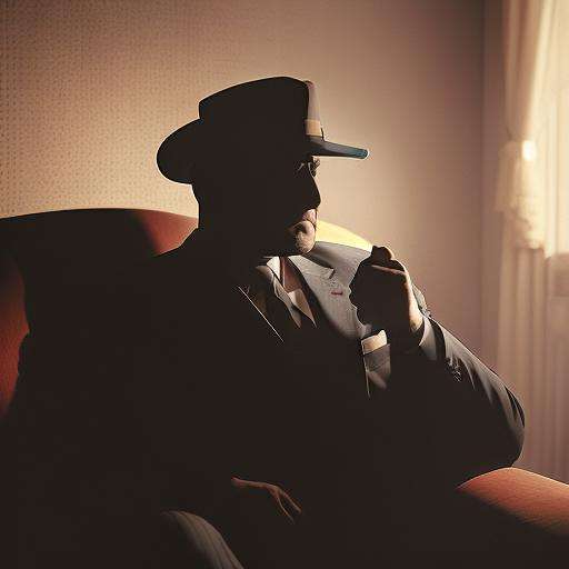 a mafia gangster facing viewer, upper body, sitting on a couch, crossed fingers, looking at viewer, in a room<lora:backlight_slider_v10:-5>, hat