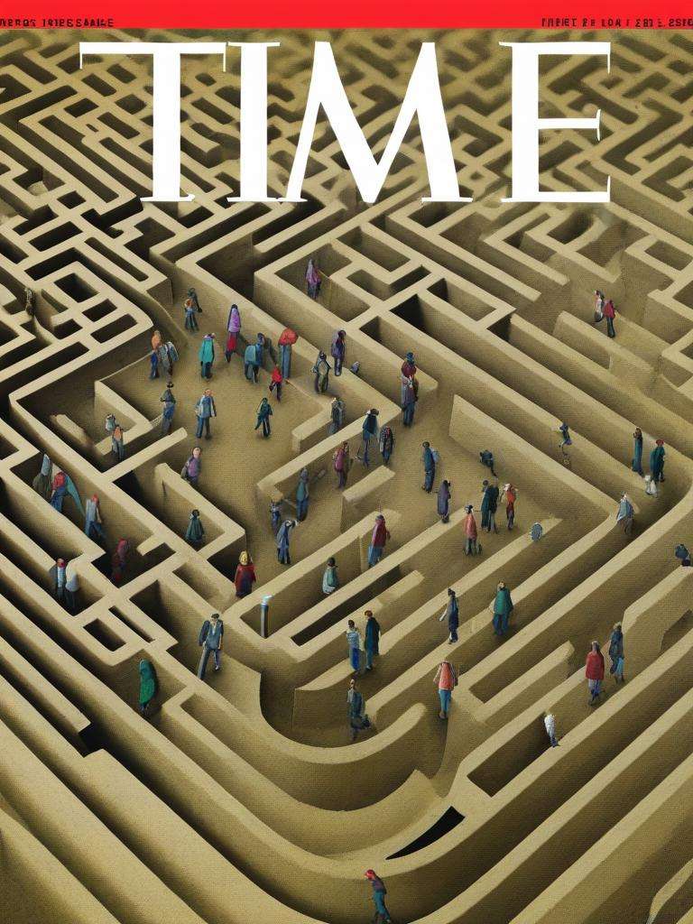 time magazine, illustration of people walking in a maze <lora:time_xl:1>