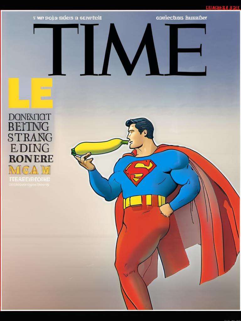 time magazine,  superman eating a banana, comic style <lora:time_xl:1> 