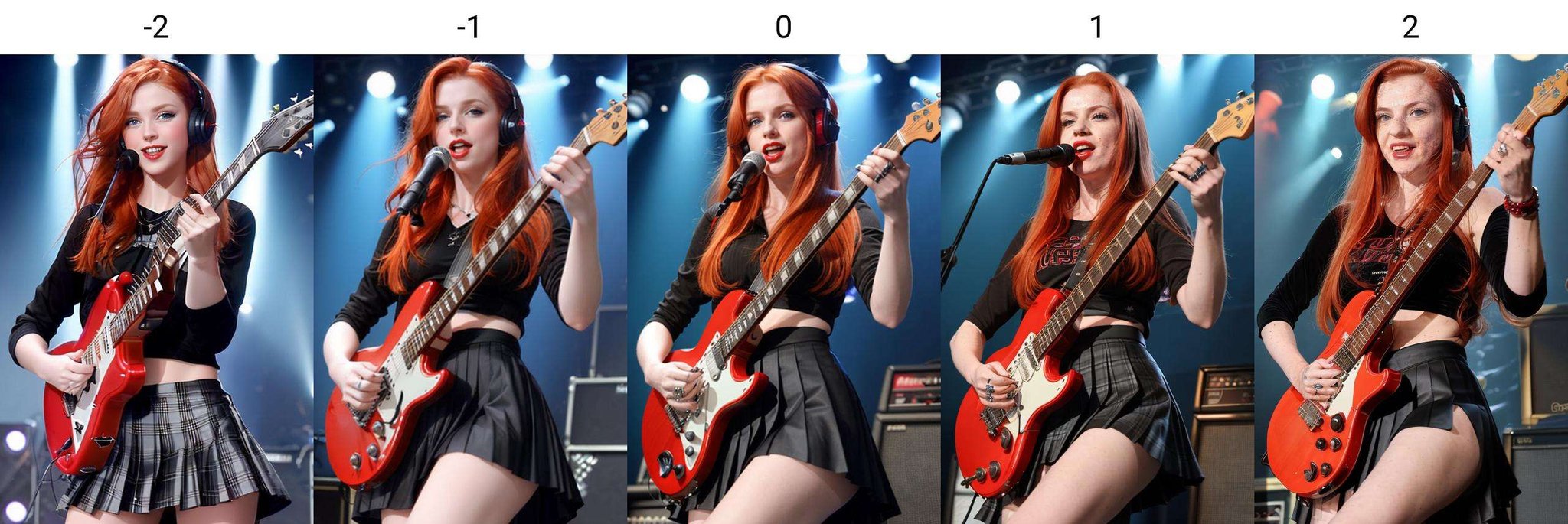 A solo redhead woman, with blue eyes and long hair styled on one side up, is captured in a photo flirting to the camera while holding an electric guitar, wearing a black skirt and pleated skirt, while wearing headphones and showcasing her mesmerizing red lips.<lora:skin_slider_v10:-2>