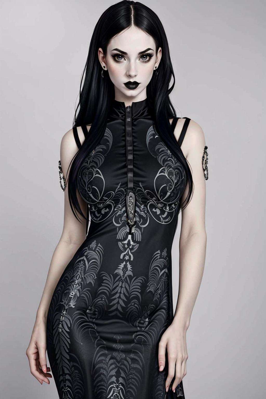 ((Masterpiece, best quality,edgQuality))edgGD, long hair,wearing edgGD goth dress,dark hair, breasts<lora:edgGothDress:1>