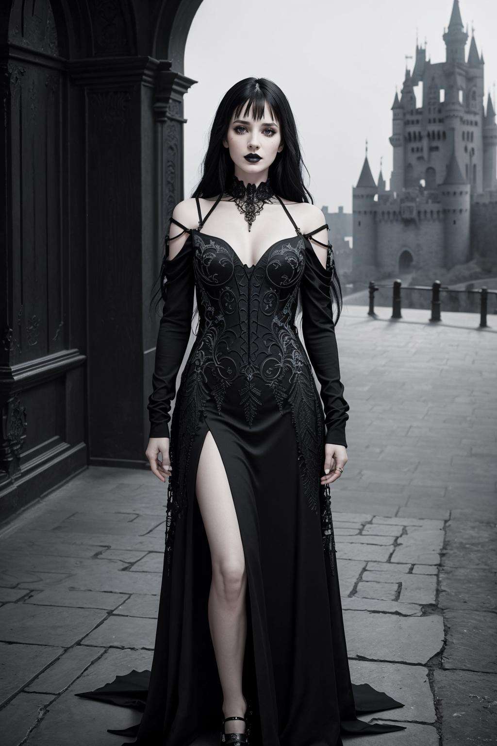 ((Masterpiece, best quality,edgQuality))edgGD, long hair,wearing edgGD goth dress,dark hair,(( dungeon,castle,cobwebs)) <lora:edgGothDress:0.65>