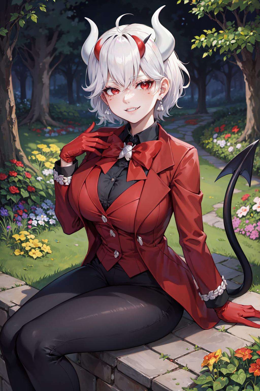 (masterpiece, best quality, glowing light, ultra detailed, detailed background, complex background), (perfect face, detailed face), (mature female, milf:1.3), red eyes, half-closed eyes, smirk, smug, fangs<lora:beelzebub:0.8>, beelzebub, horns, demon girl, short hair, demon horns, white horns, earrings, gloves, shirt, freckles, demon tail, tail, red gloves, formal, medium breasts, suit, bow, jacket, red jacket(outdoors, garden, thighs, pants, demon tail, sitting  ) 