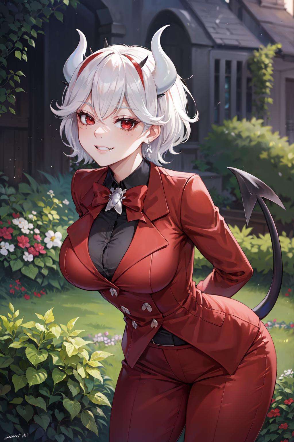 (masterpiece, best quality, glowing light, ultra detailed, detailed background, complex background), (perfect face, detailed face), (mature female, milf:1.3), red eyes, half-closed eyes, smirk, smug, fangs<lora:beelzebub:0.8>, beelzebub, horns, demon girl, short hair, demon horns, white horns, earrings, gloves, shirt, freckles, demon tail, tail, red gloves, formal, medium breasts, suit, bow, jacket, red jacket(outdoors, garden, thighs, pants, demon tail, arms behind back, leaning forward,  ) 