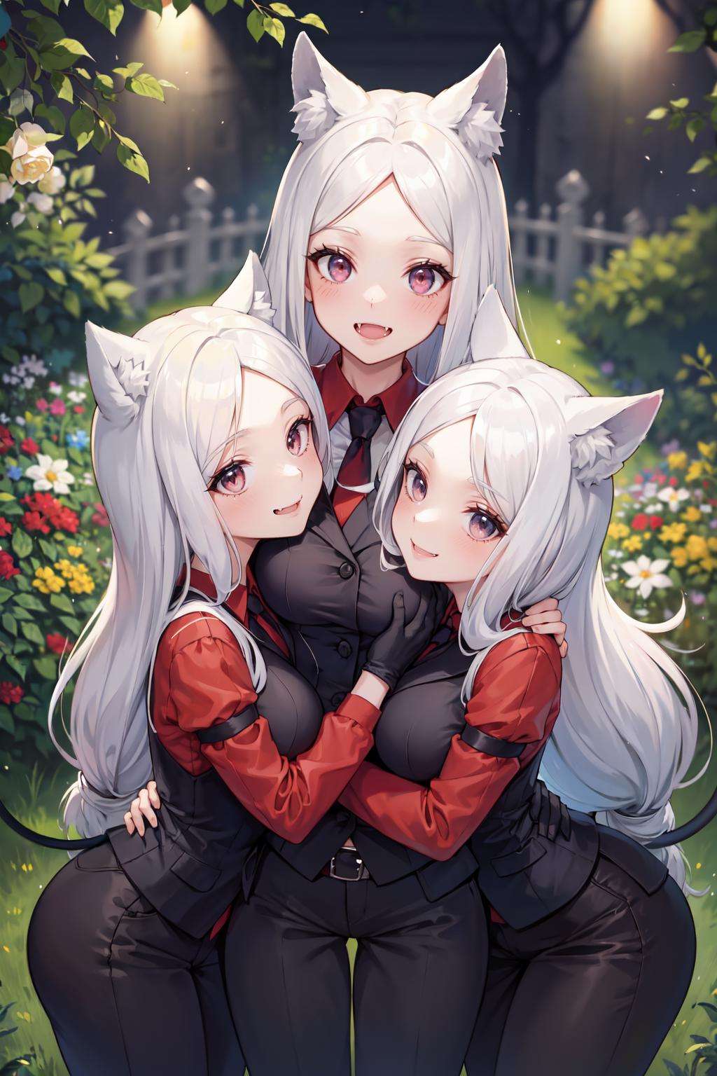 (masterpiece, best quality, glowing light, ultra detailed, detailed background, complex background), (perfect face, detailed face), (mature female, milf:1.3), white eyes, grey eyes, happy, smile<lora:cerberus:1>, cerberus, multiple girls, long hair, animal ears, 3girls, dog ears, demon girl, triplets, dog girl, tail, fang, demon tail, shirt, red shirt, vest, waistcoat, necktie, black vest, arm garter, gloves, black gloves(outdoors, garden, thighs, multiple girls, long hair, animal ears, 3girls, dog ears, demon girl, triplets, pants, hug, )  