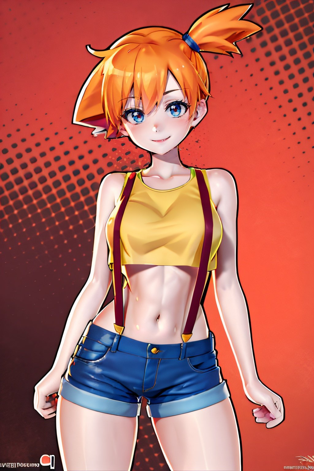 ((masterpiece,best quality)), absurdres, black outline, Misty_Pokemon, yellow crop top, suspenders, side ponytail, orange hair, denim shorts,solo, smiling, blushing, looking at viewer, cowboy shot, cinematic composition, contrapposto,