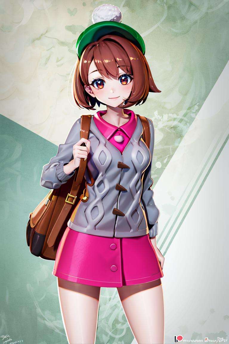 ((masterpiece,best quality)), absurdres,  <lora:gloria_(pokemon)_v1:0.7>,  gloria \(pokemon\), brown hair, solo, backpack, brown eyes, tam o' shanter, grey cardigan, pink dress, short hair, green socks, socks, brown bag, bob cut, bangs, long sleeves, collared dress,  solo, smiling, looking at viewer, cowboy shot,  cinematic composition, contrapposto,