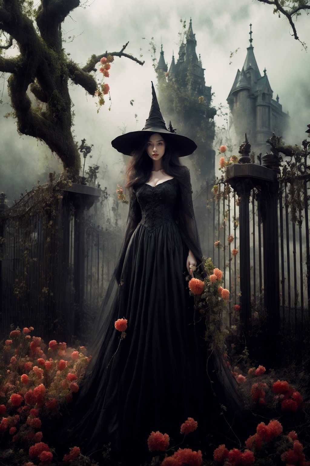 <lora:wlqc_20231023163432:1.5>（1girl2）, solo, flower, hat, dress, black hair, long hair, tree, holding, standing, breasts, cleavage，Castle in the distance, vine plants, iron gates