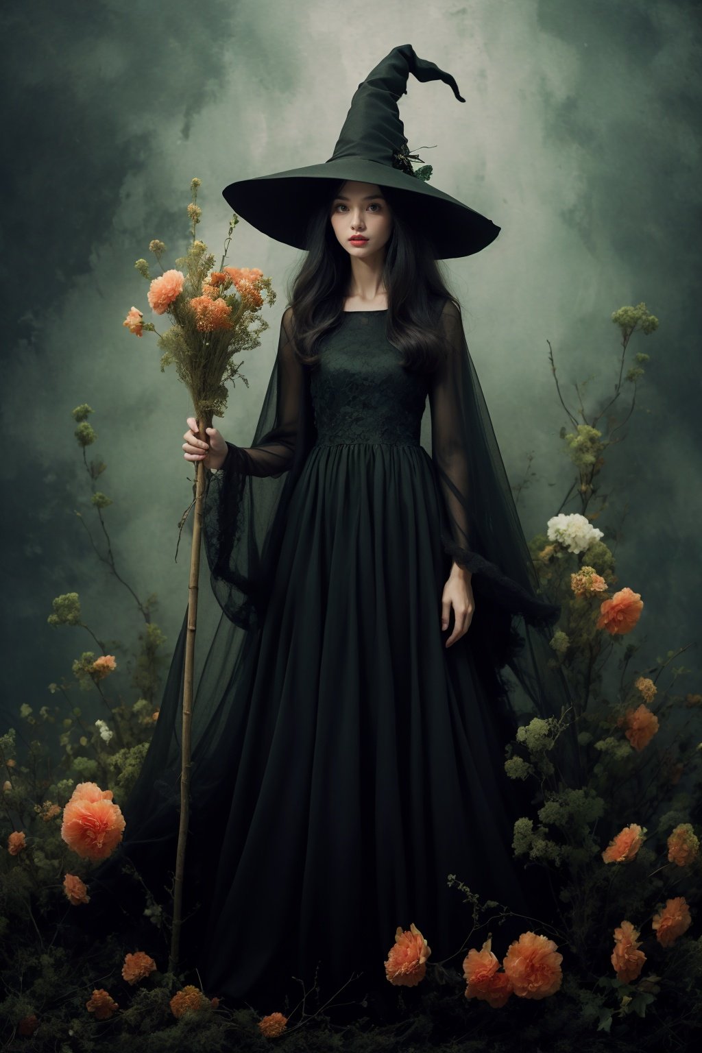 <lora:wlqc_20231023163432:1>1girl, hat, solo, dress, witch hat, staff, witch, holding, long hair, flower, standing, black dress, plant, green dress, holding staff, lips