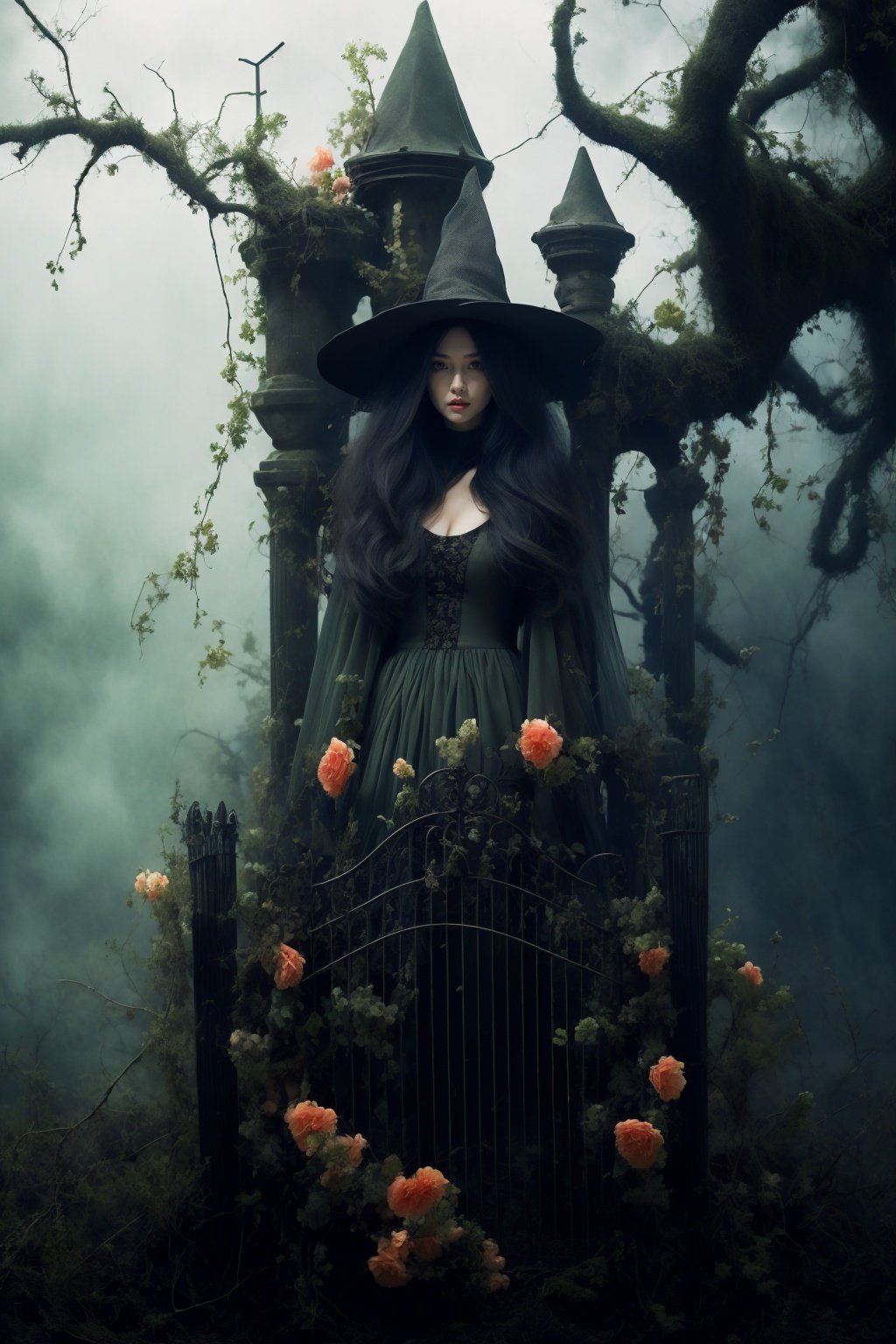 <lora:wlqc_20231023163432:1.5>（1girl2）, solo, flower, hat, dress, black hair, long hair, tree, holding, standing, breasts, cleavage，Castle in the distance, vine plants, iron gates