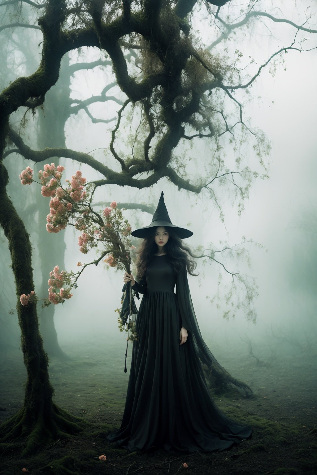 <lora:wlqc_20231023163432:1>1girl, solo, hat, dress, tree, branch, standing, flower, long hair, fog