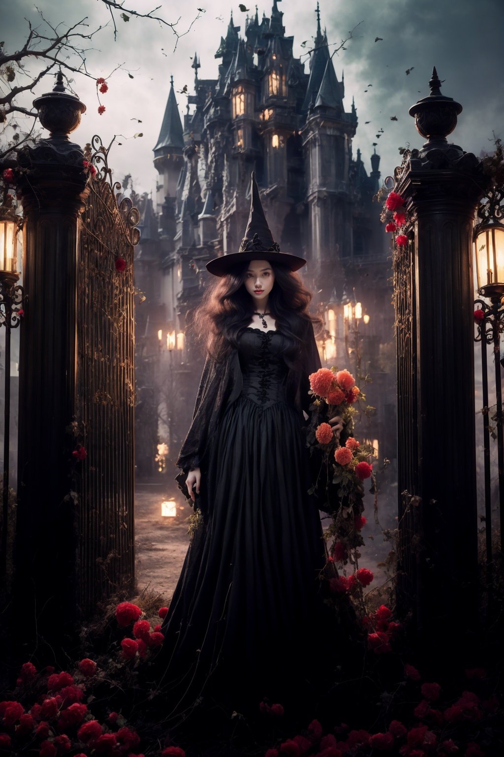 <lora:wlqc_20231023163432:1.5>（1girl2）, solo, flower, hat, dress, black hair, long hair, tree, holding, standing, breasts, cleavage，Castle in the distance, vine plants, iron gates