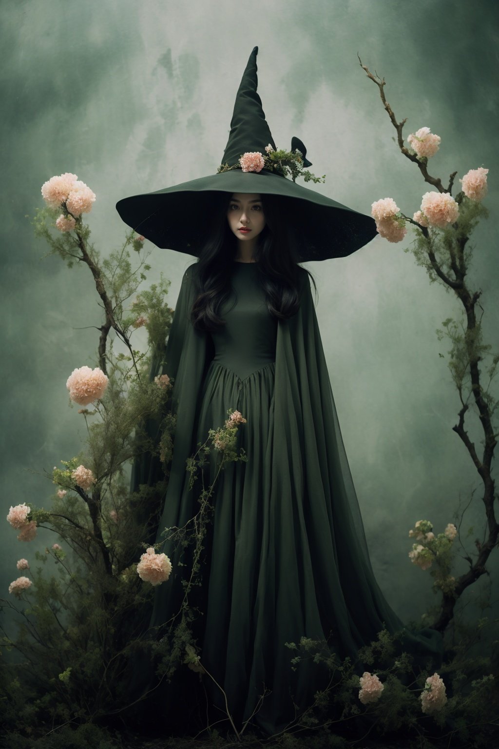 <lora:wlqc_20231023163432:1>1girl, hat, solo, witch hat, witch, dress, flower, green theme, branch, cloak, standing, plant, black hair