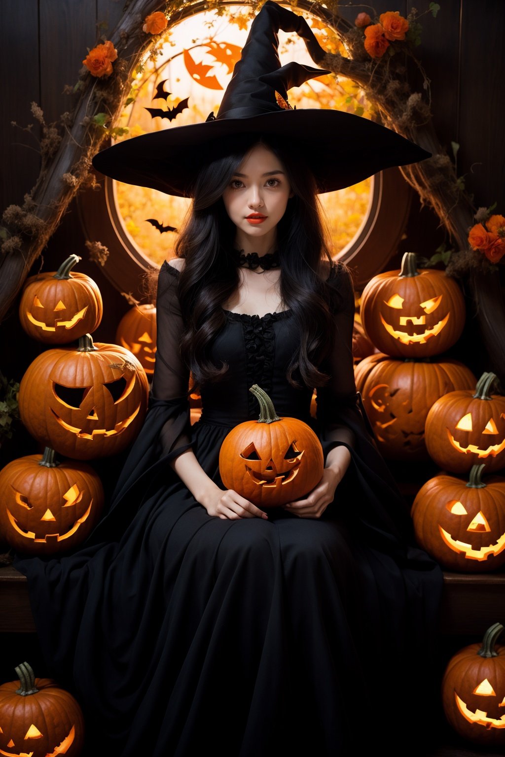 <lora:wlqc_20231023163432:1>1girl, witch hat, hat, solo, jack-o'-lantern, pumpkin, witch, flower, dress, sitting, halloween, long hair, black hair, rose, looking at viewer, plant, lipstick