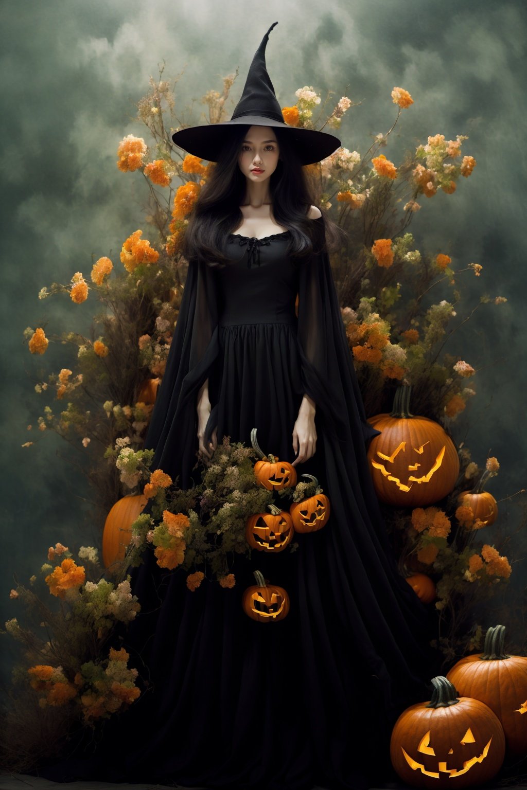 <lora:wlqc_20231023163432:1.5>1 girl, solo, flowers, hats, dresses, black hair, long hair, trees, hugging, standing, chest, cleavage, distant castle, vine plants, pumpkin flowers blooming on the trees